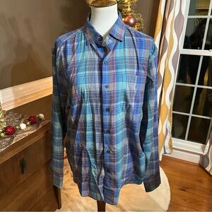 Men’s Tommy Bahama Blue and Purple Plaid Shirt. Size Medium